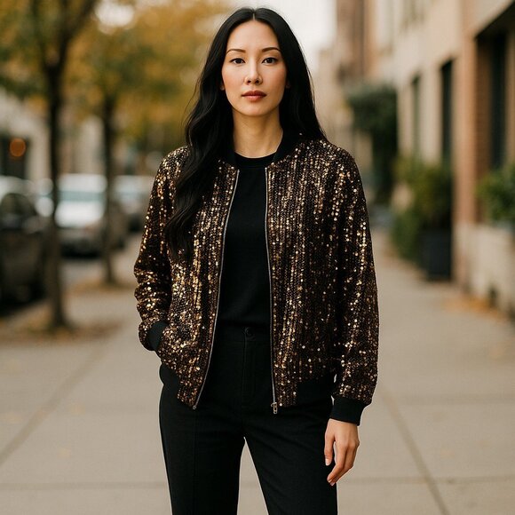 IN'VOLAND Plus Size Sequin Jacket – Black & Gold Sparkle, Full Zip, NEW - Picture 9 of 9